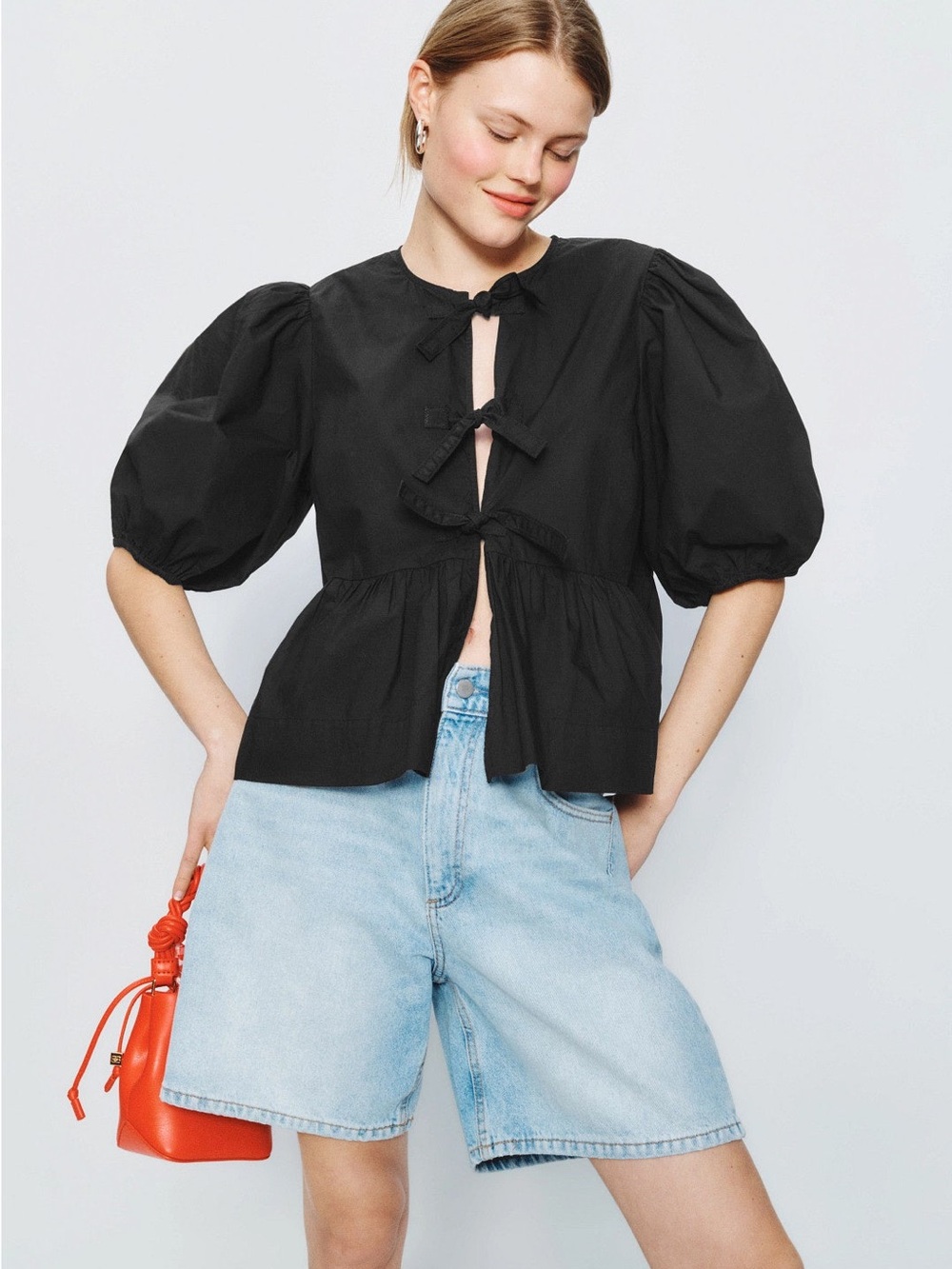 Ganni Black Cotton Poplin Peplum Tie Front Blouse